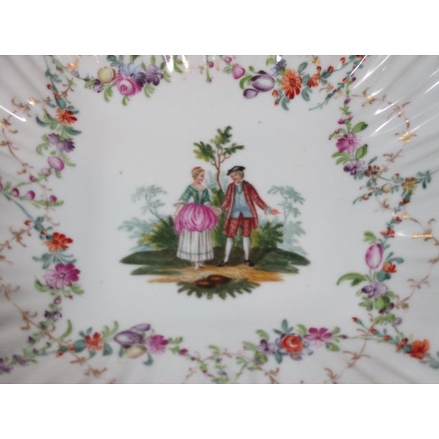 French 1950s Hand Painted Courting Couple Dresden Porcelain Bowl For Sale - Image 3 of 9