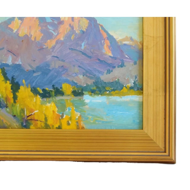 Mountain and lake landscape painting on artist board by listed artist Silvio Silvestri (1948-2018.) Silvestri was a plein-...