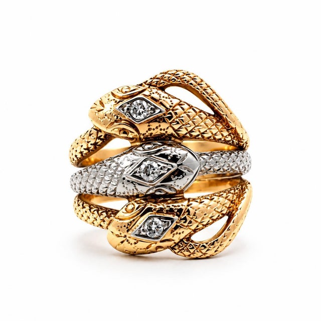 Mid 20th Century Estate Two-Tone 14k/10k Gold 3-Band Serpent Snake Diamond Ring, Size 6.5 For Sale - Image 4 of 4
