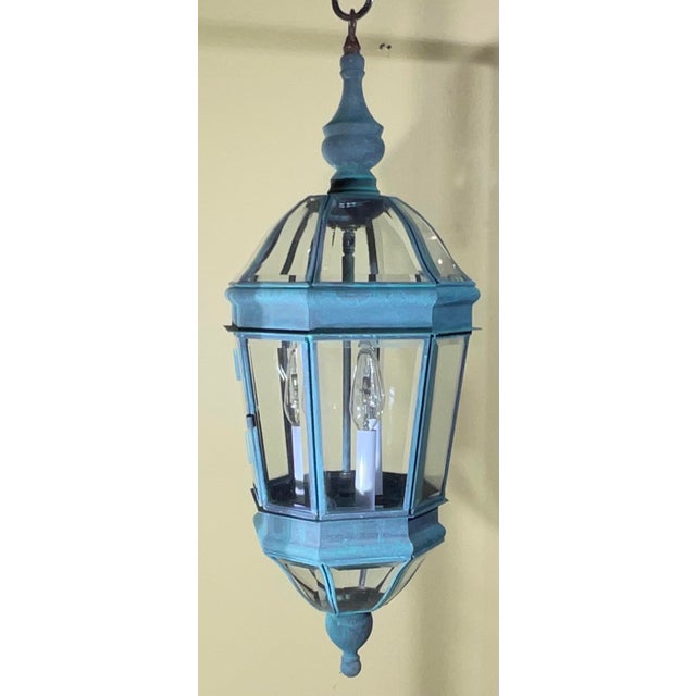 Vintage Verdigris Solid Brass Hexagonal Hanging Lantern – 29”x 11” For Sale - Image 9 of 14