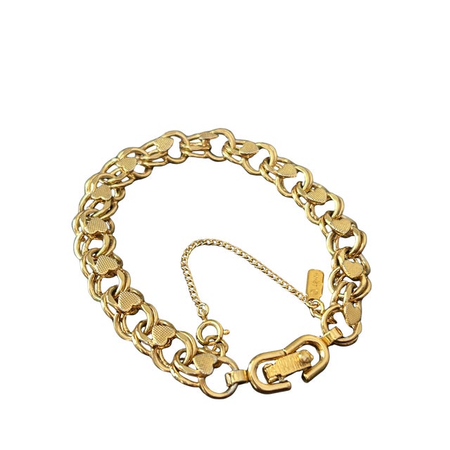 Metal Vintage Monet Signed Gold-Tone Textured Heart Link Charm Bracelet | Mid-Century Designer Costume Jewelry For Sale - Image 7 of 8