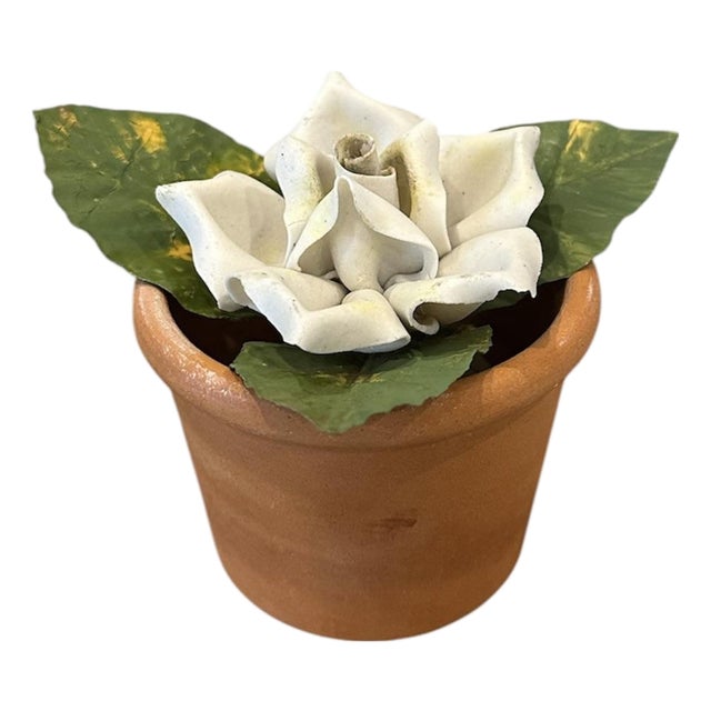 Vintage Petite Potted French Porcelain Bisque & Tole White Rose Flower / Floral Arrangement in Terracotta Pot For Sale