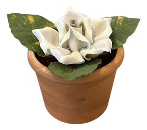 Vintage Petite Potted French Porcelain Bisque & Tole White Rose Flower / Floral Arrangement in Terracotta Pot