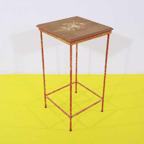 Brown Red Lacquered Iron Plant Stand Table with Decorated Wooden Top For Sale - Image 8 of 8