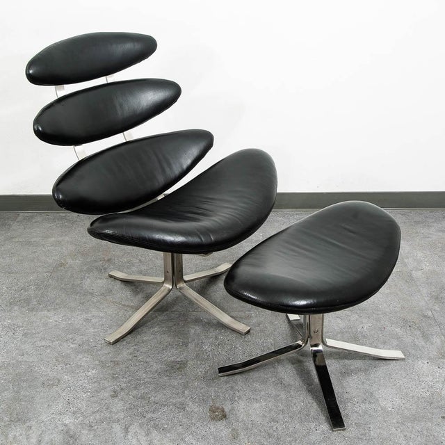 Mid Century Danish Modern Lounge Chairs Corona Set of 2 Black Chrome Ottoman MCM For Sale - Image 9 of 11