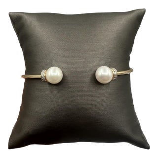 Pearl and Diamond Cuff Bangle in 14kt Yellow Gold – 0.25ctw Diamonds, New For Sale