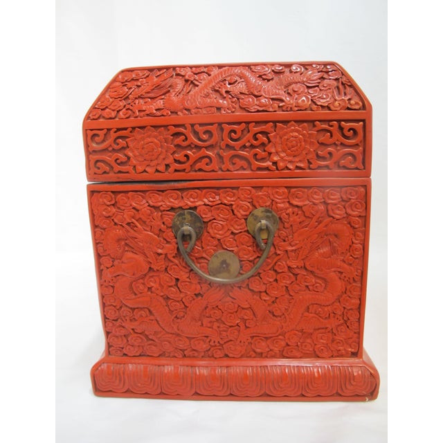 Paint Large Chinese Cinnabar Lacquer Heavily Carved Dragon Motif Wood Box Chest For Sale - Image 7 of 16