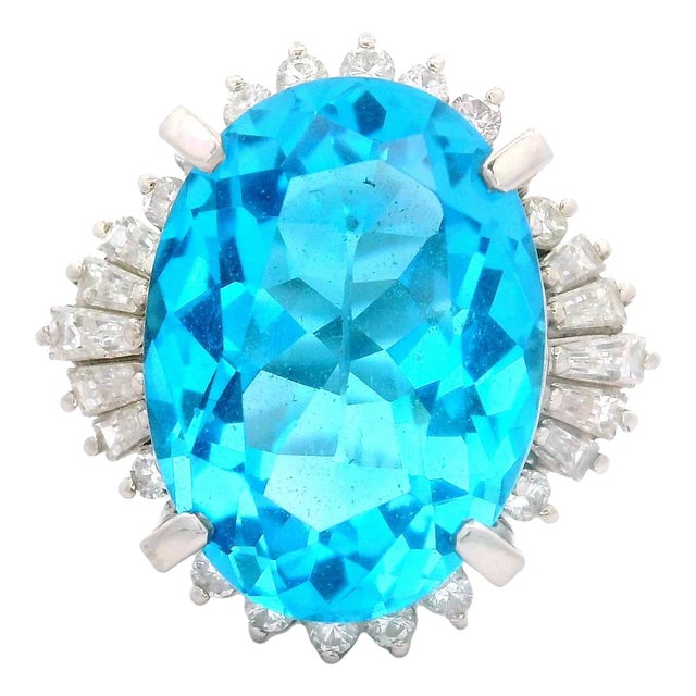 14.16 Carat Blue Topaz Diamond Platinum Ring, Size 6.5 For Sale