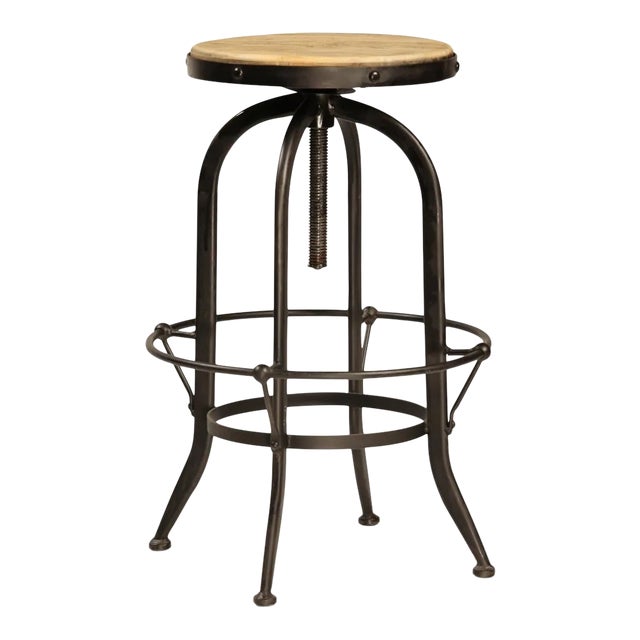 Wood & Iron Round Adjustable Stool For Sale