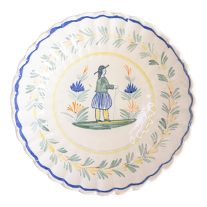 Antique French Quimper Faience Scalloped Wall Bowl or Centerpiece