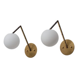 Vintage Italian Geometric Brass and Opaline Globe Wall Sconces, 1950s, Set of 2 For Sale