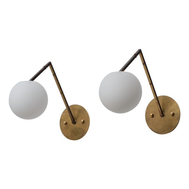 Vintage Italian Geometric Brass and Opaline Globe Wall Sconces, 1950s, Set of 2 For Sale