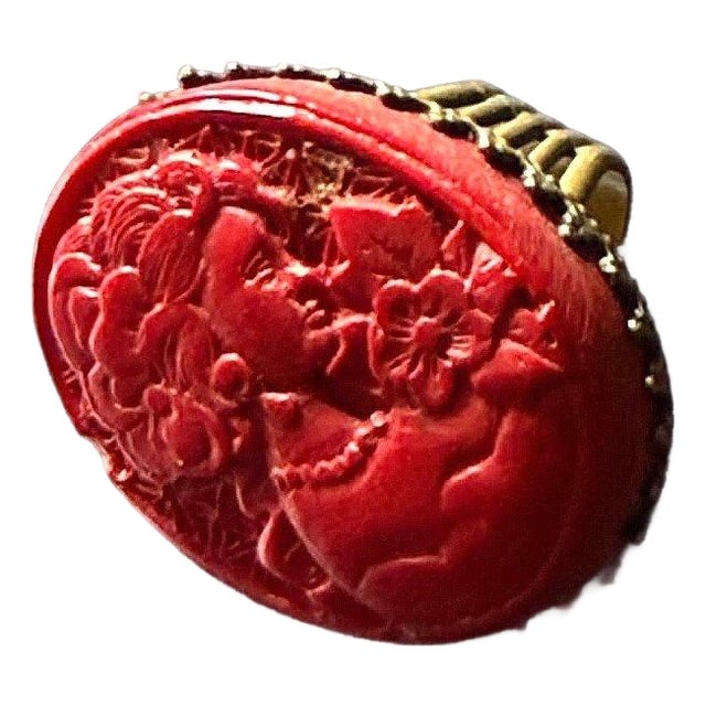 Vintage 80s 90s Jan Michaels San Francisco Carved Red Resin Cameo Statement Ring, Size 8 For Sale