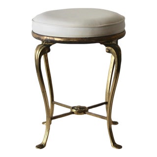 1950s Mid Century Brass Vanity Stool With Original White Vinyl Upholstery For Sale