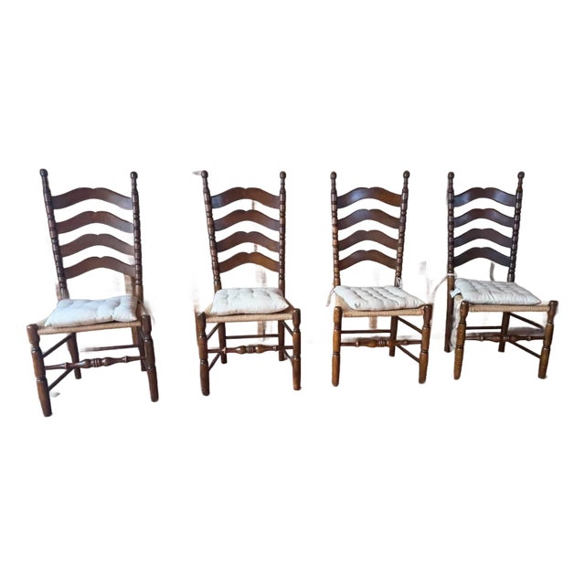 Vintage Early American French Rustic Style High Ladder Back Rush Seat Side Chairs For Sale