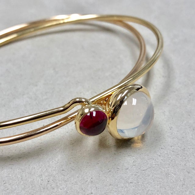 Syna Moon Quartz and Rubellite Yellow Gold Pair of Stacking Bracelets For Sale - Image 9 of 12