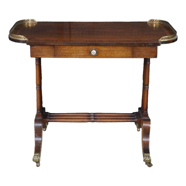 Antique English Regency Style Rosewood Mahogany & Brass Gallery Writing Table For Sale