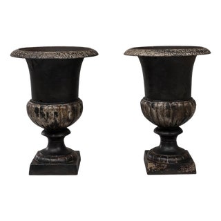 19th Century French Cast Iron Campagna Urn Planters - A Pair For Sale