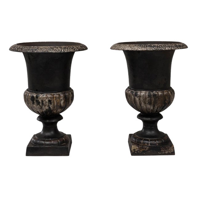 19th Century French Cast Iron Campagna Urn Planters - A Pair For Sale