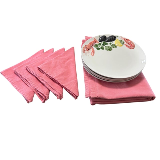 Here is a late 20th century set of four embossed lobster plates, with raised pattern, from Portugal, with table linens to...