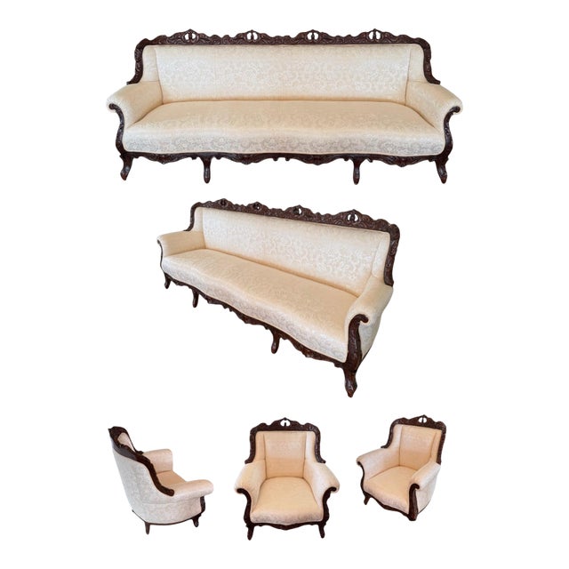 1970s 6 Piece Italian 19th C. Renaissance Revival Damask Sofa Settee Armchair Set For Sale