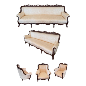 1970s 6 Piece Italian 19th C. Renaissance Revival Damask Sofa Settee Armchair Set