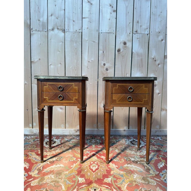 Brown Louis XVI Bedside Tables in Marquetry and Marble by Maison Gouffé, 1950s, Set of 2 For Sale - Image 8 of 8
