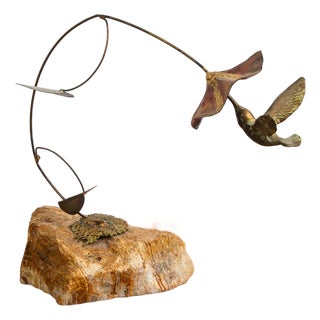 1960s Mid Century Modern Brass Metal Humming Bird and Flower Statue by Unknown Artist For Sale