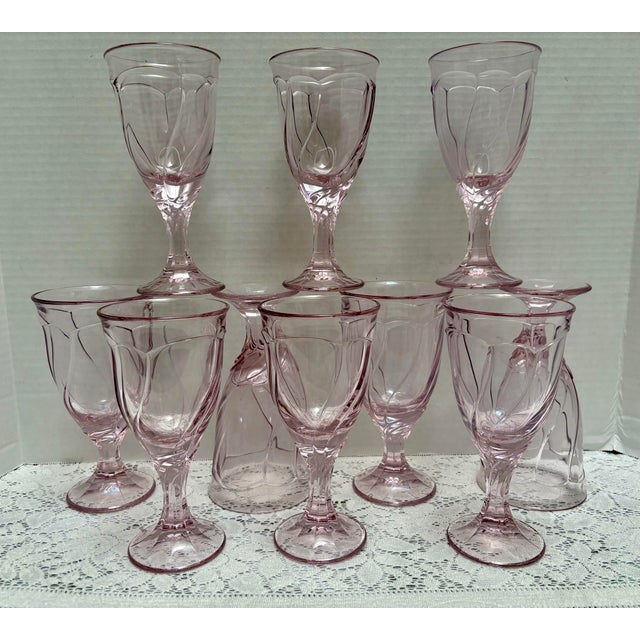 Vintage Pink Wavy Glass Stemware Goblets, Set of Ten For Sale - Image 4 of 10