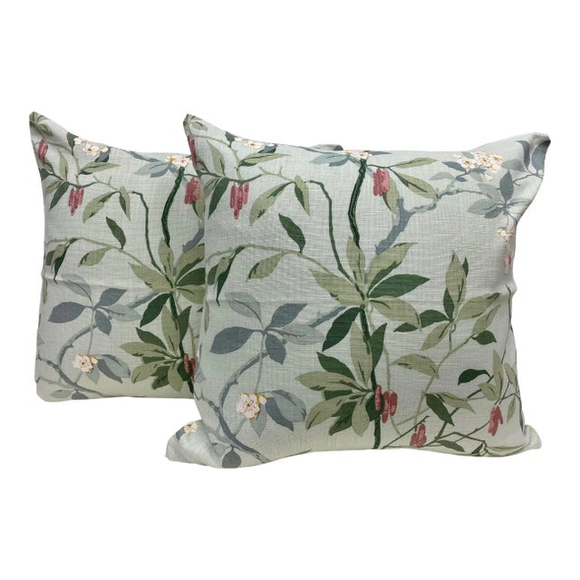 Pair of 20" Square Pillows With a Delicate Tropical Foliage Pattern That Is Dotted With White Flowers - Made in Uk. For Sale