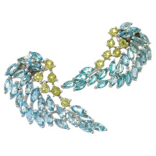 Bochic “Orient” Green Peridot and Blue Topaz Set 18K In Gold and Silver Earrings For Sale
