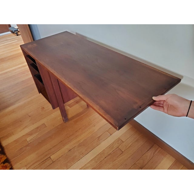 I love the size and design of this desk with the open shelves that are adjustable! Petite, beautiful patina and attaches...