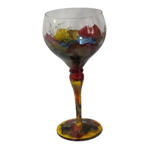 Vintage Romanian Euroglass Colorful Painted Abstract Mosaic Hand Blown Goblet