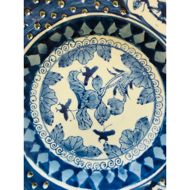 Chinoiserie Antique Chinese Blue and White Reticulated Plate Monkeys Peaches Bats Lotus Late Qing Porcelain For Sale - Image 3 of 11