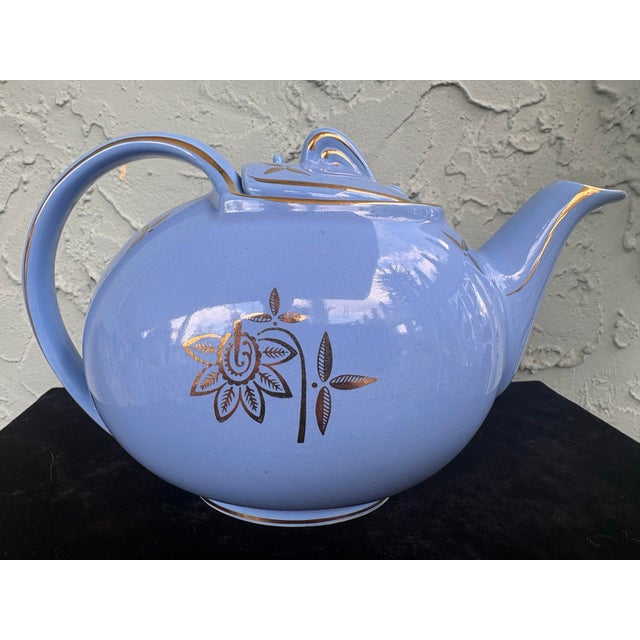 American Vintage Hall China Powder Blue 6-Cup Teapot With Gold Floral Motif For Sale - Image 3 of 8