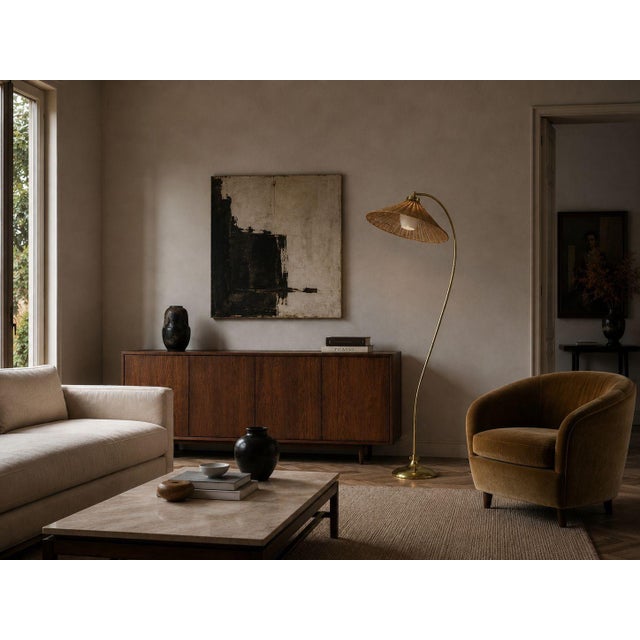 V. Soini Oy, Finnish Mid-Century Modern, Rare Floor Lamp, Brass, Leather, Rattan, Glass, Finland, 1950s A very rare...