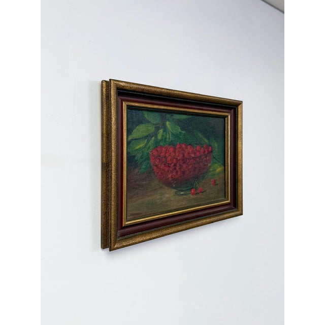 Realism Mid 20th Century Oil Painting Still Life Bowl of Cherries, Gold Frame Art, Green Accents For Sale - Image 3 of 8