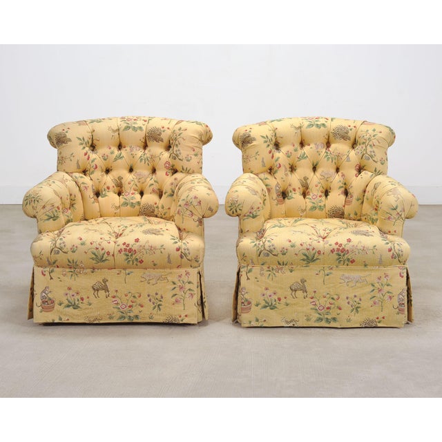 English Pair of Tufted Lounge Chairs + Ottoman in Butter Print Fabric For Sale - Image 3 of 18