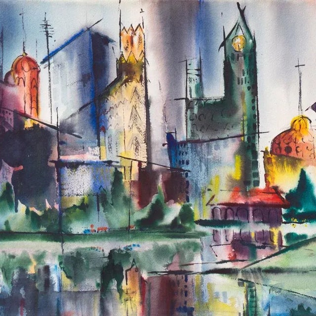 A mid-century, Modernist view of Chicago, seen in the evening with the lights of numerous buildings reflected in the still...