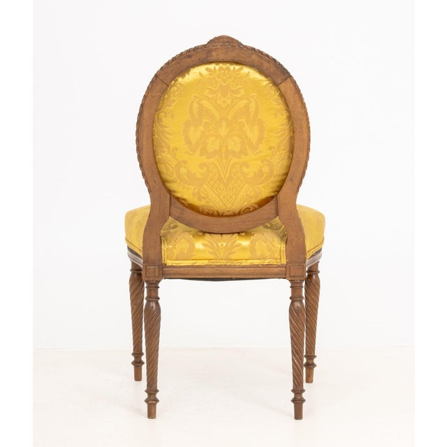 Wood Louis XVI Style Yellow Silk Damask Upholstered Walnut Side Chair For Sale - Image 7 of 7