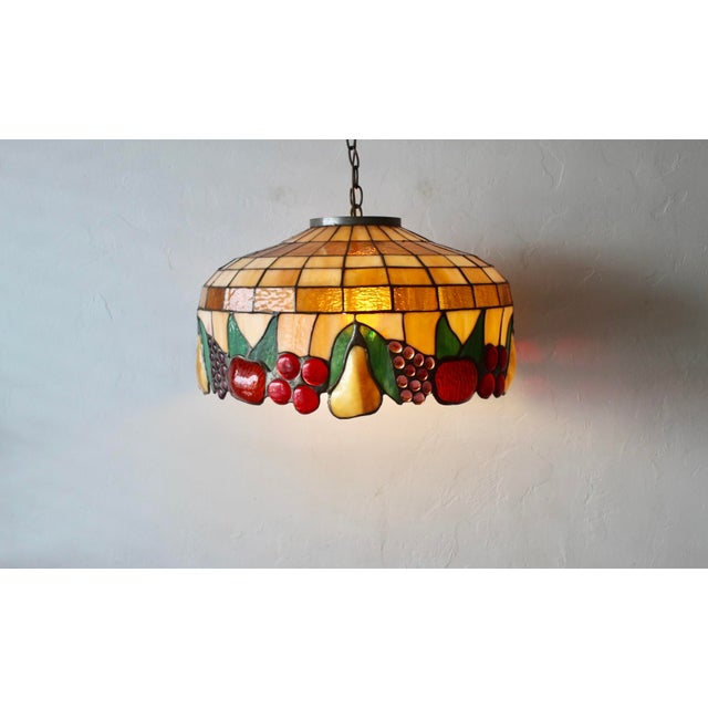 Metal 1970s Tiffany-Style Stained Glass Fruit Leaf Motif Pendant Hanging Light Fixture For Sale - Image 7 of 18