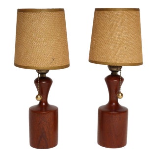 1960s Danish Modern Diminutive Sculptural Teak and Brass Table Lamps - a Pair For Sale