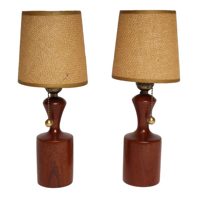1960s Danish Modern Diminutive Sculptural Teak and Brass Table Lamps - a Pair For Sale