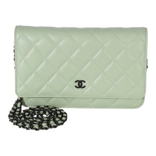 Light Green Quilted Lambskin Classic Wallet On Chain For Sale