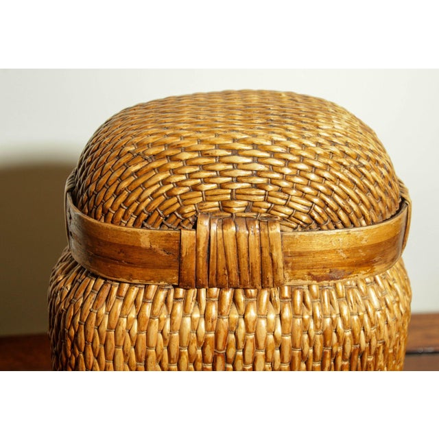 Mid 20th Century Vintage Chinese Willow Woven Fisherman Basket Asian Storage Container For Sale - Image 5 of 11