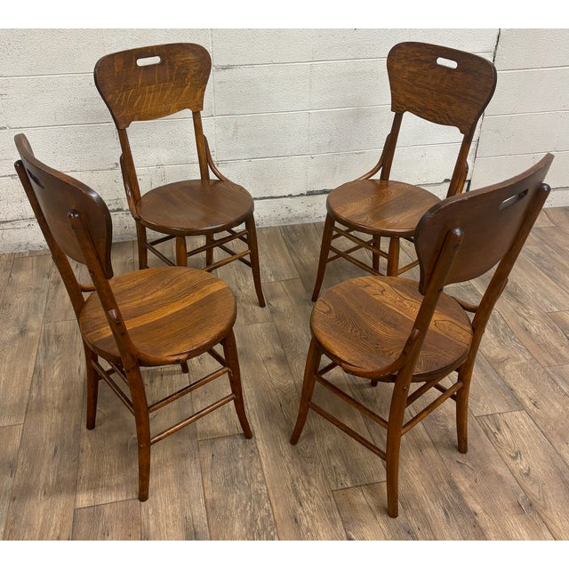 Art Deco Antique Art Deco Style Tiger Oak Bentwood Bistro Dining Side Chairs - Set of 4 For Sale - Image 3 of 11