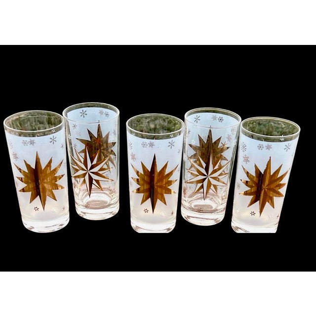 Mid-Century Modern 1970s Mid-Century Modern Federal Glass Atomic 22 Karat Gold North Star Mid-Century Highball Glasses Starburst Set of 5 Bartlett-Collins For Sale - Image 3 of 7
