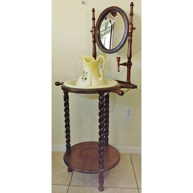 Vintage Yellow Ironstone Wash Bowl Basin & Pitcher With Wood Spiral Barley Twist Stand 3pc Set