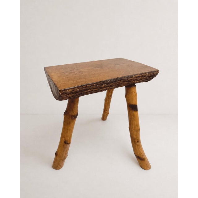 Mid-Century Rustic Wooden Stool with Bamboo Legs and Slab Top For Sale - Image 4 of 6