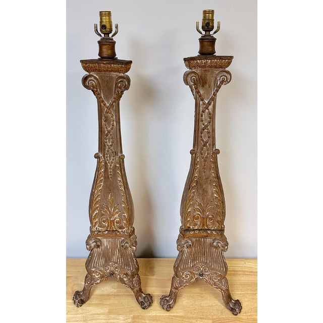 Renaissance Pair 19th C. Adam Style Carved Pine & Gilt Pricket Candlesticks, Now Electrified For Sale - Image 3 of 4